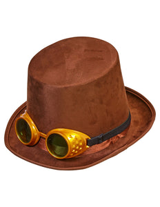 e-carnavalskleding-SYK Hoge hoed steampunk bruin met stofbril