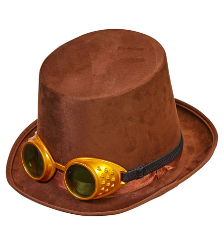 e-carnavalskleding-SYK Hoge hoed steampunk bruin met stofbril