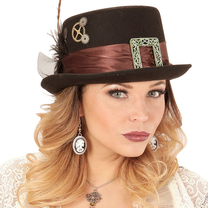 e-carnavalskleding-SYK Hoge hoed steampunk met veer
