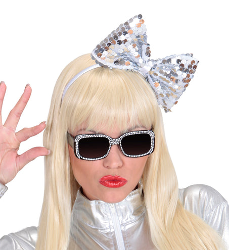 e-carnavalskleding-SYK hoofdband met paillettenstrik zilver