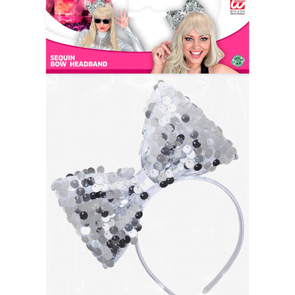 e-carnavalskleding-SYK hoofdband met paillettenstrik zilver
