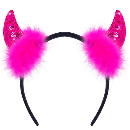 e-carnavalskleding-SYK Hoofdband pailletten hoorntjes Evi roze