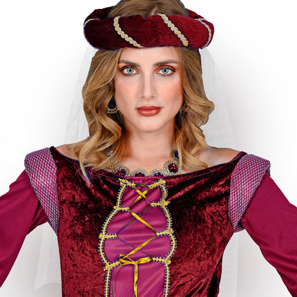 e-carnavalskleding-SYK Hoofdbedekking met sluier middeleeuwse koningin rood/bordeaux rood