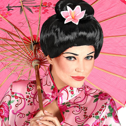 e-carnavalskleding-SYK Japanse pruik met bloem zwart