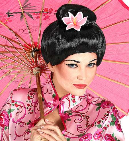 e-carnavalskleding-SYK Japanse pruik met bloem zwart
