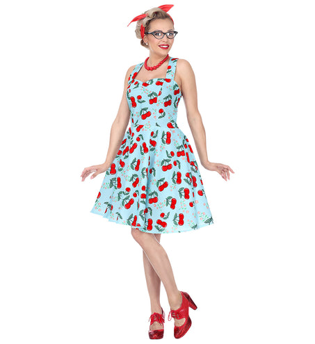 e-carnavalskleding-SYK Jaren 50 jurk Cherry licht blauw
