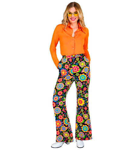 e-carnavalskleding-SYK Jaren 70 broek bloemenfeest dames