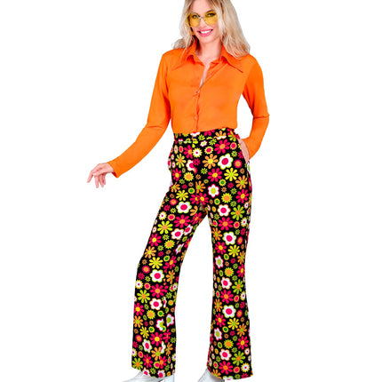 e-carnavalskleding-SYK Jaren 70 broek flowers dames