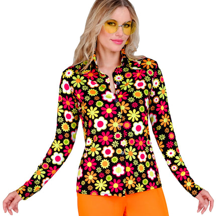 e-carnavalskleding-SYK Jaren 70 shirt flowers dames