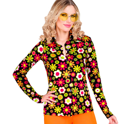 e-carnavalskleding-SYK Jaren 70 shirt flowers dames