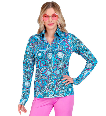 e-carnavalskleding-SYK Jaren 70 shirt mandala blauw dames