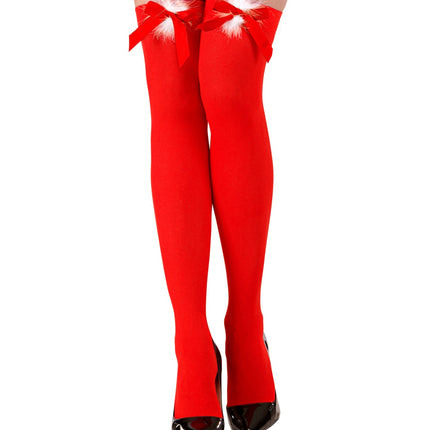 e-carnavalskleding-SYK Kerst panty rood met rode strik en wit plushe