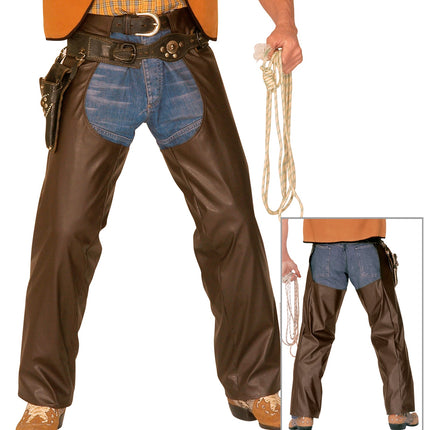 e-carnavalskleding-SYK Lederlook cowboy broek met chaps bruin