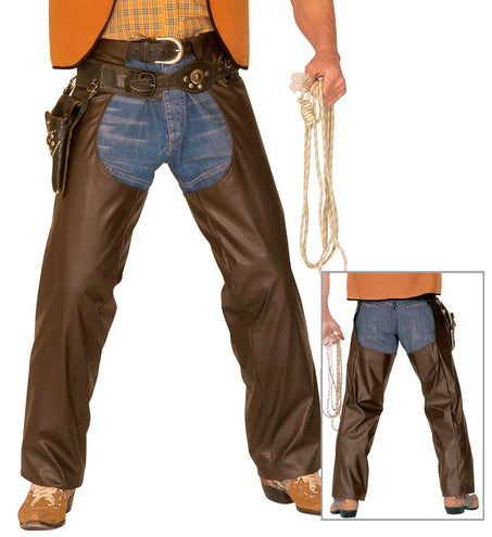 e-carnavalskleding-SYK Lederlook cowboy broek met chaps bruin