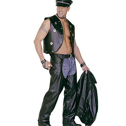 e-carnavalskleding-SYK Lederlook rock 'n roll broek met zwarte chaps