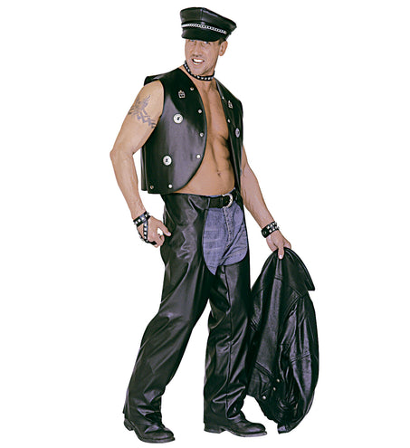 e-carnavalskleding-SYK Lederlook rock 'n roll broek met zwarte chaps