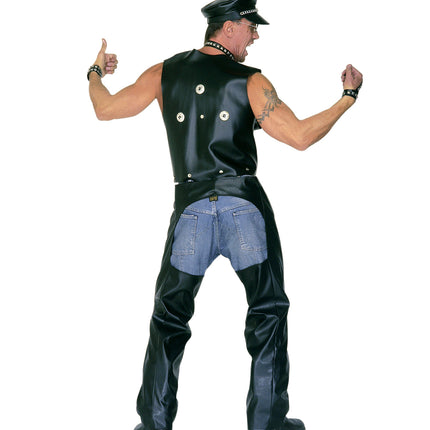 e-carnavalskleding-SYK Lederlook rock 'n roll broek met zwarte chaps