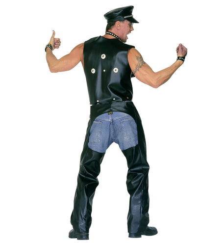 e-carnavalskleding-SYK Lederlook rock 'n roll broek met zwarte chaps