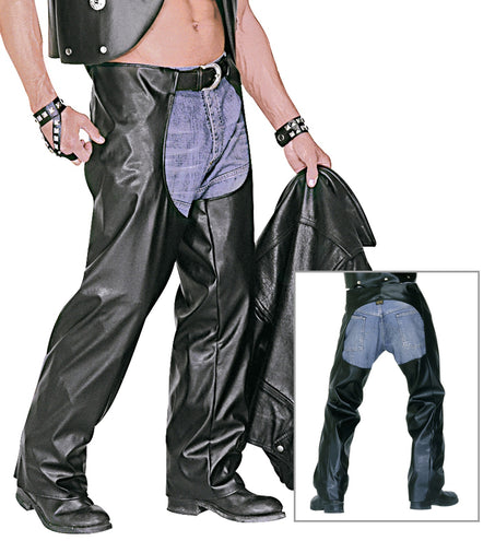 e-carnavalskleding-SYK Lederlook rock 'n roll broek met zwarte chaps