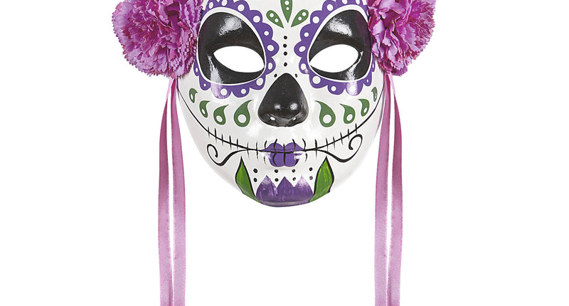 e-carnavalskleding-SYK Masker Dia De Los Muertos Met Paarse Rozen