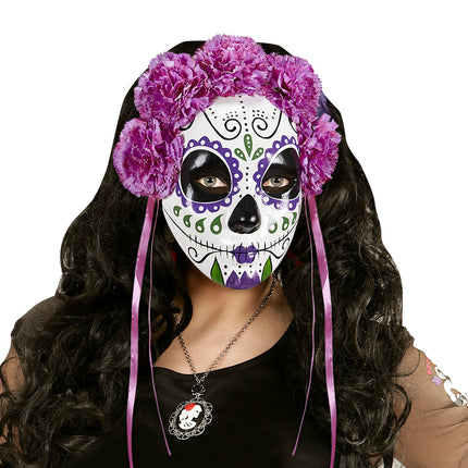 e-carnavalskleding-SYK Masker Dia De Los Muertos Met Paarse Rozen