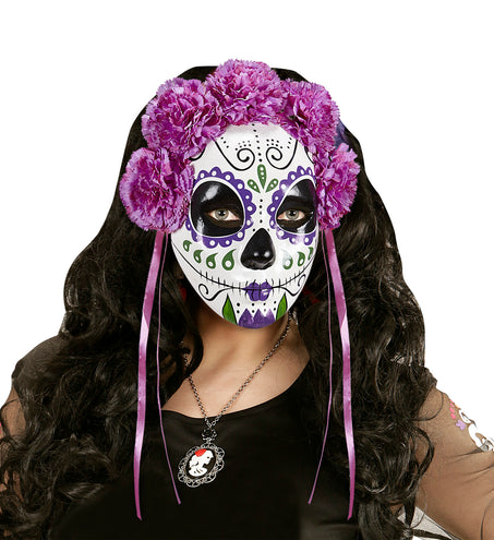 e-carnavalskleding-SYK Masker Dia De Los Muertos Met Paarse Rozen