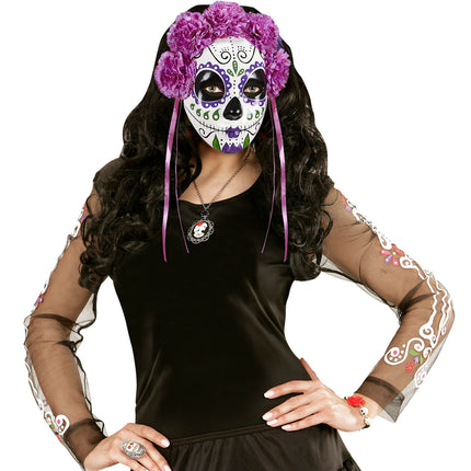e-carnavalskleding-SYK Masker Dia De Los Muertos Met Paarse Rozen