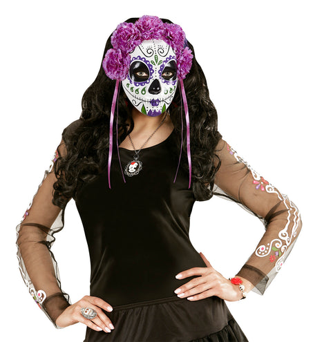 e-carnavalskleding-SYK Masker Dia De Los Muertos Met Paarse Rozen