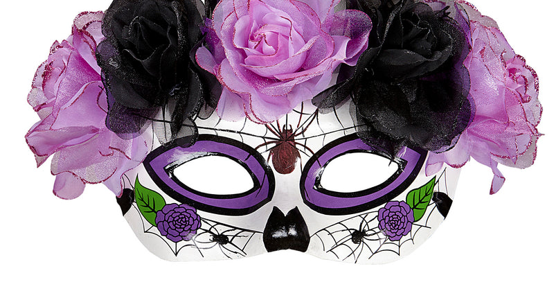 e-carnavalskleding-SYK Masker Dia De Los Muertos Met Paars/Zwarte Rozen
