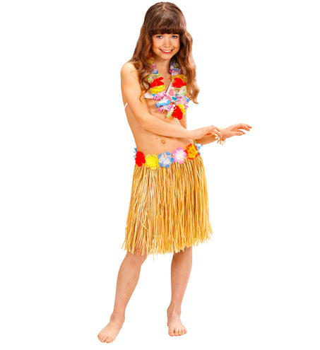 e-carnavalskleding-SYK Naturel Hawaiirokje met bloemenriem kind