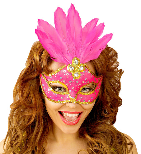 e-carnavalskleding-SYK Oogmasker Brazilie Met Veren En Parels Neon Rose