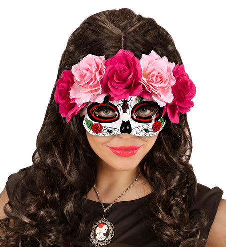 e-carnavalskleding-SYK Oogmasker Dia De Los Muertos met roze bloemen.