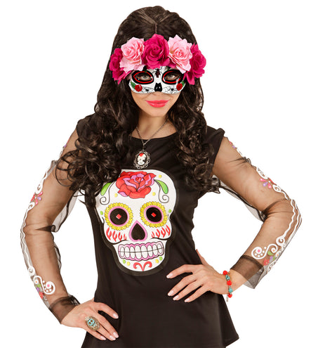 e-carnavalskleding-SYK Oogmasker Dia De Los Muertos met roze bloemen.