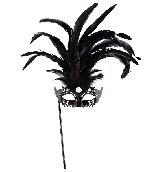 e-carnavalskleding-SYK Oogmasker met veren op stokje