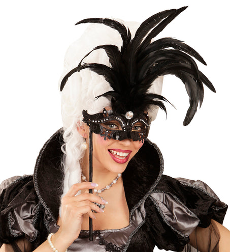 e-carnavalskleding-SYK Oogmasker met veren op stokje