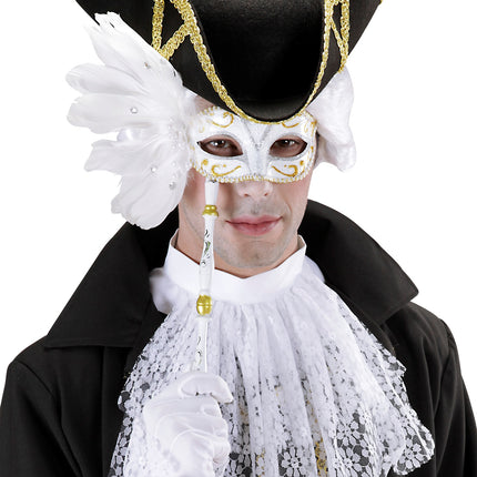 e-carnavalskleding-SYK Oogmasker op stokje wit met veren