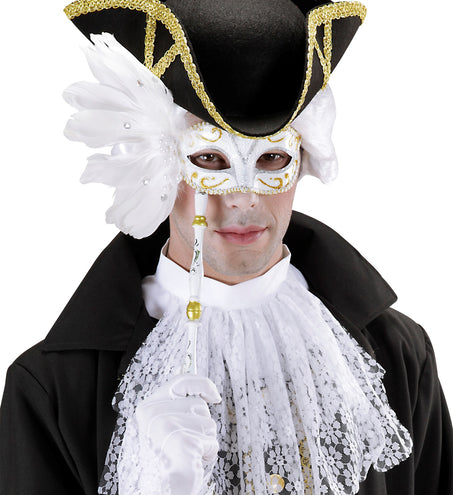 e-carnavalskleding-SYK Oogmasker op stokje wit met veren