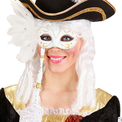 e-carnavalskleding-SYK Oogmasker op stokje wit met veren