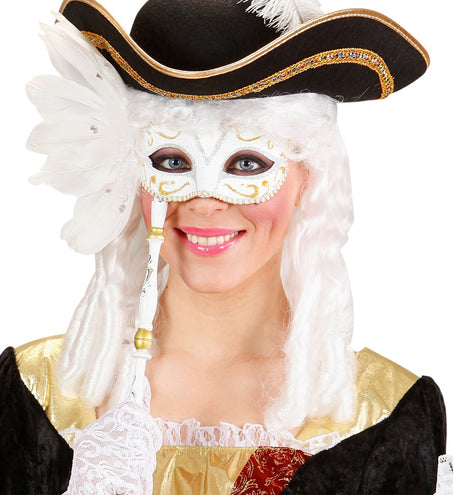 e-carnavalskleding-SYK Oogmasker op stokje wit met veren
