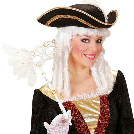 e-carnavalskleding-SYK Oogmasker op stokje wit met veren
