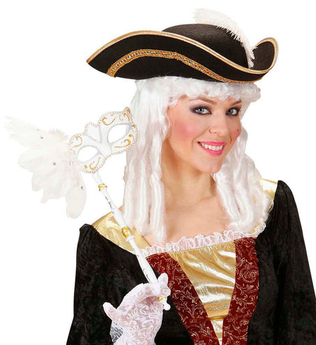 e-carnavalskleding-SYK Oogmasker op stokje wit met veren