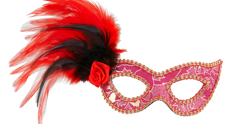 e-carnavalskleding-SYK Oogmasker roze met veren zwart rood
