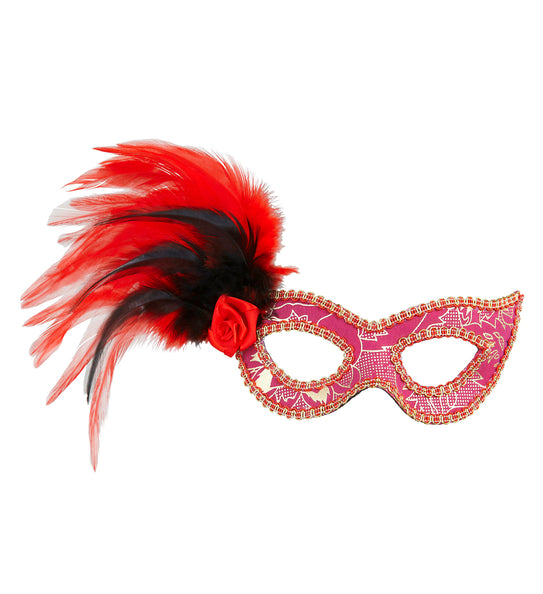 e-carnavalskleding-SYK Oogmasker roze met veren zwart rood