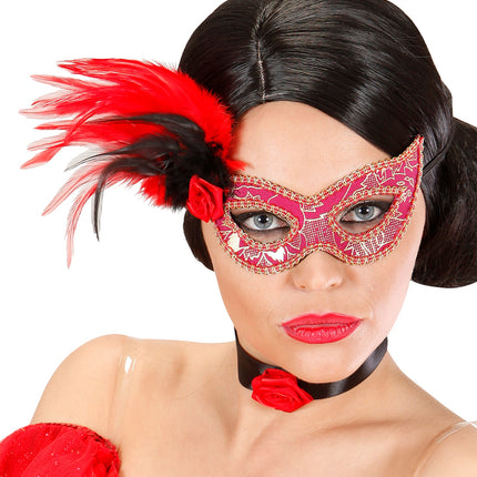 e-carnavalskleding-SYK Oogmasker roze met veren zwart rood