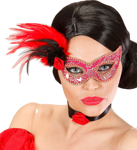 e-carnavalskleding-SYK Oogmasker roze met veren zwart rood