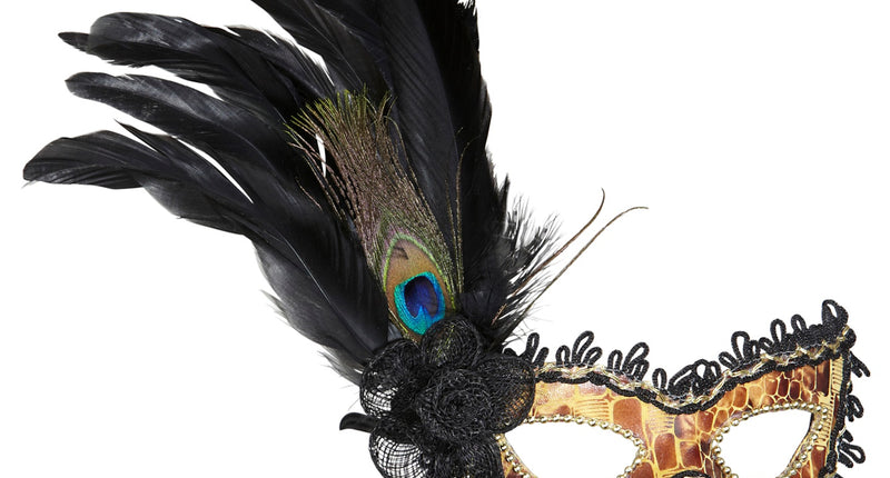 e-carnavalskleding-SYK Oogmasker zwart met veren goud en kant