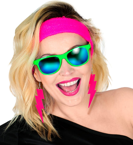 e-carnavalskleding-SYK Oorbellen jaren 80 bliksem neon roze