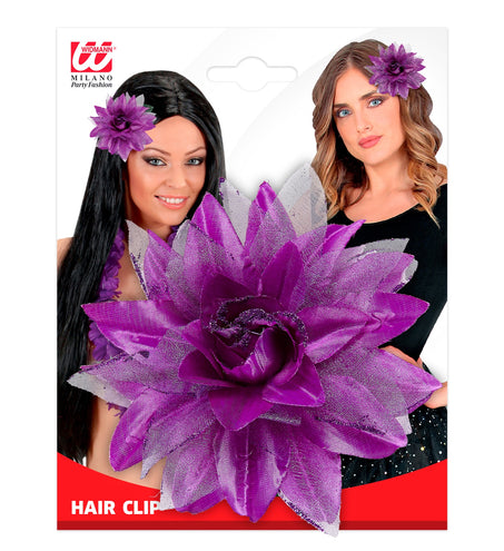 e-carnavalskleding-SYK Paarse bloemen haarclip met glitters