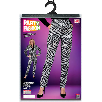 e-carnavalskleding-SYK Paillettenbroek Mara zebra silver