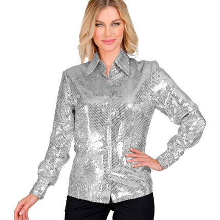 e-carnavalskleding-SYK Paillettenshirt dames Aike zilver